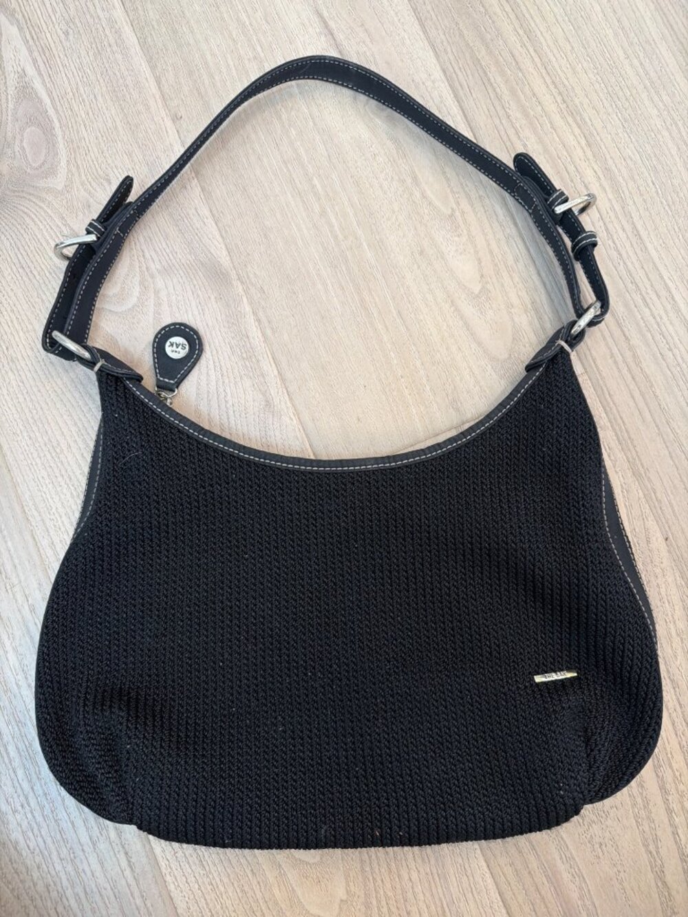 The Sak Black Crochet Woven Shoulder Bag Hobo Purse Adjustable Leather Strap GUC